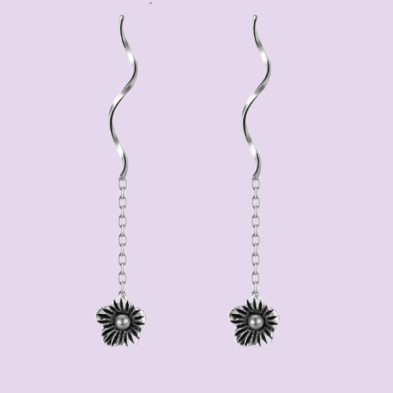 Black Flower Threader Earrings