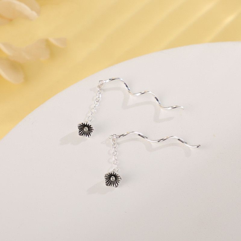 Black Flower Threader Earrings