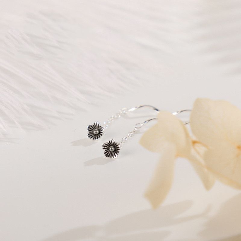 Black Flower Threader Earrings