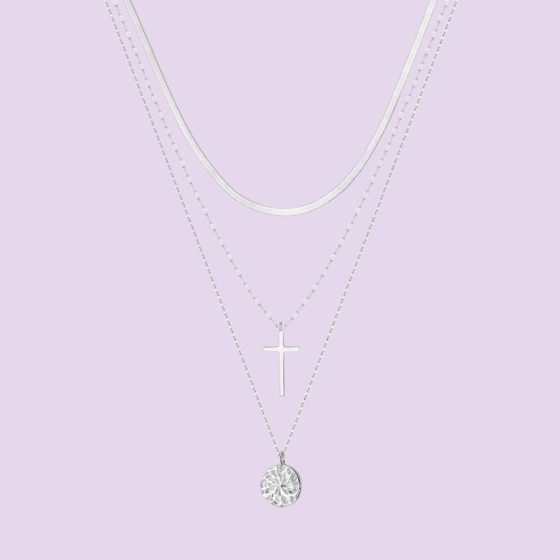 Silver Cross & Coin Pendant Layered Necklace