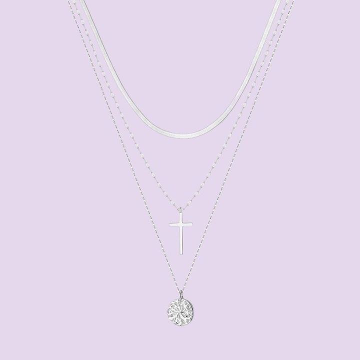 Silver Cross & Coin Pendant Layered Necklace