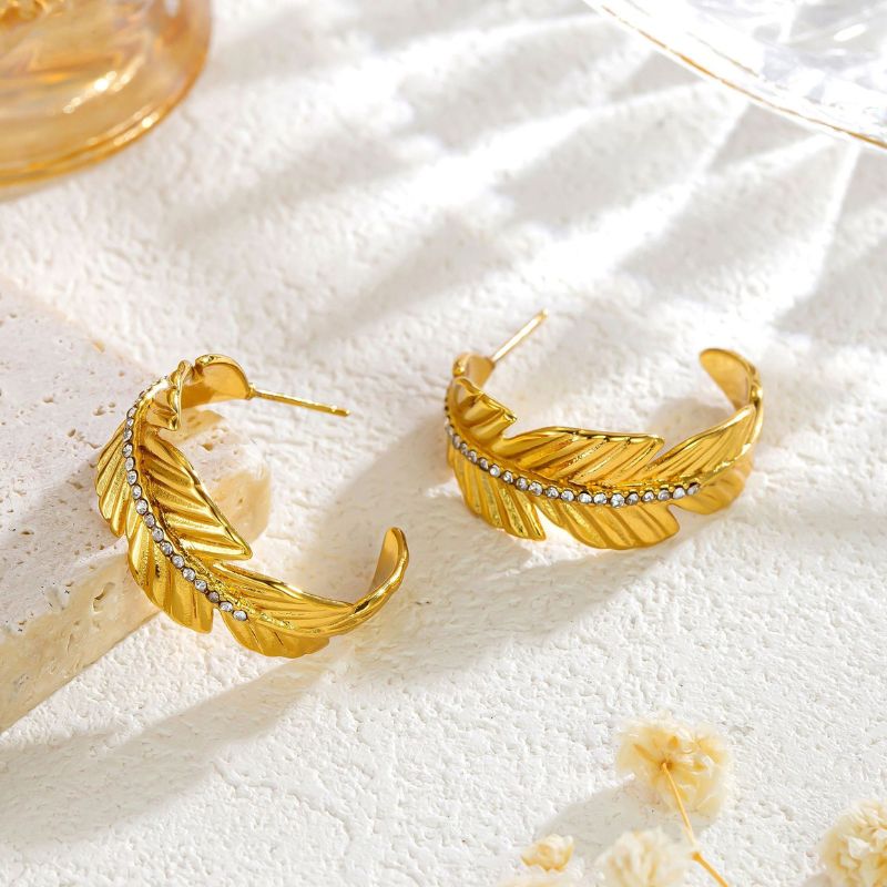 Feather CZ  Diamond Hoop Earrings