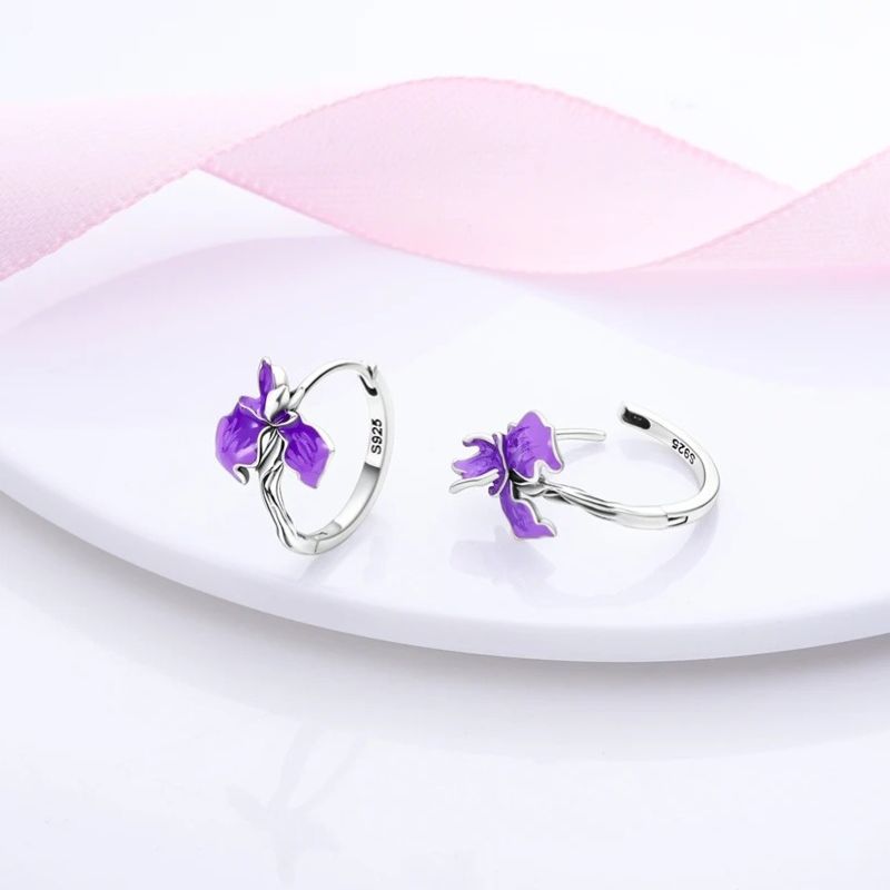 Purple Lily Flower Huggie Earrings