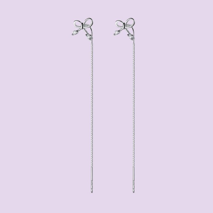 silver bow threader earrings