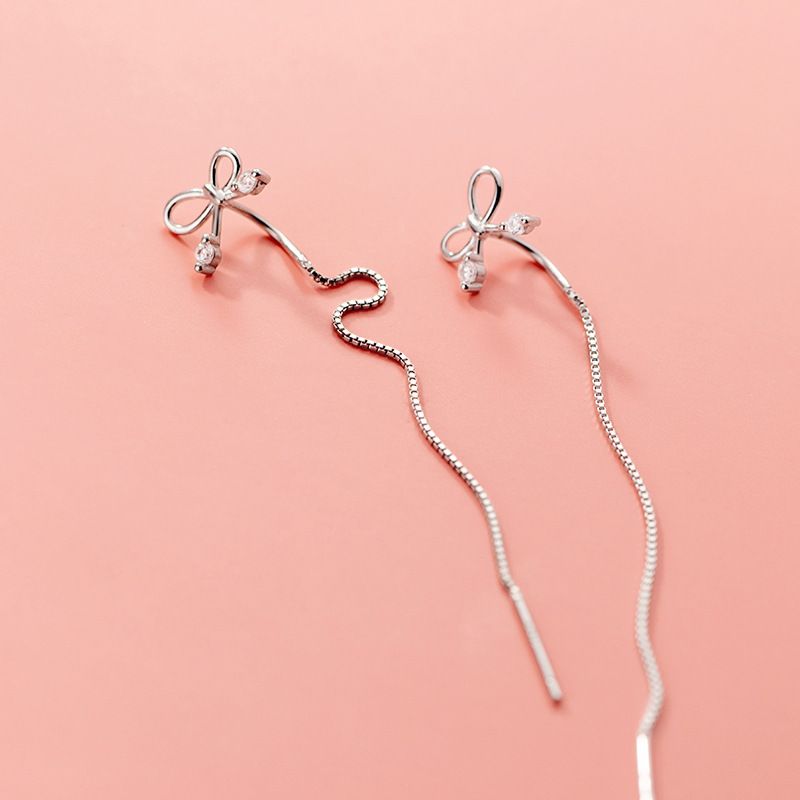 silver bow threader earrings